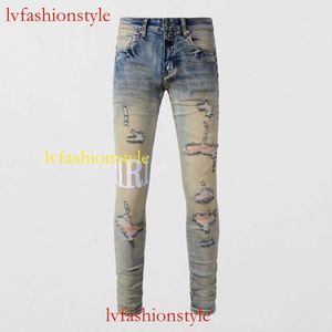 علامة أزياء أزياء High Street Grand Men's Jeans Retro Blue Yellow With and Broken Office Trade Trade Trade Hip Hop Jeans Men's555