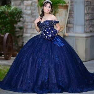 Блестящее темно-синее бальное платье с открытыми плечами, платья Quinceanera, с рукавами, кристаллами и бусинами, аппликациями, Vestidos 15 De Quinceanera