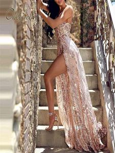Summer Women Long Party Dress Spaghetti Strap Transparent Mesh Maxi Sexy Backless Gold Sequin 2105139414300