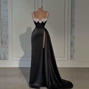 Siyah Overkirt Tulum Denizkızı Prom Elbiseler Yüksek Boyun Aplike Alt Seri Bölünmüş Akşam Elbise Boncuklu Artı Boyut Süpürme Tren Saten Resmi Elbise Yd