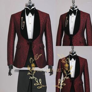 Ternos masculinos clássico formal festa de negócios homens 2 peças borgonha jacquard padrão noivo smoking para traje de casamento blazer calça