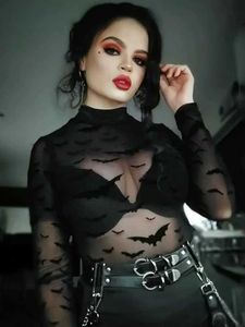 Women's Blouses Shirts Yangelo Sexy Gothic Black Bat Print High-neck See Through Long-sleeved Women's T-shirt Party 2022 Summer Fashion Top YQ240120