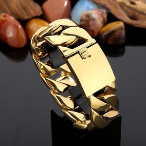 Luxury Yellow Golden Man Bracelet Heavy Massive 32MM Curb Chain Armband 14k Yellow Gold Mens Bracelets Rocker Jewellery