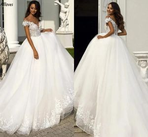 Sexy Off The Shoulder A Line Wedding Dresses With Lace Appliques Fluffy Tulle Skirt Women Bridal Gowns Plus Size Sweep Train Back Buttons Vestidos De Novia CL3232