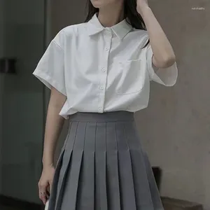 Women's Blouses White Shirts Casual Solid Short Sleeve Tops Ladies Turn-down Collar Buttons Office Lady Preppy Style Summer Clothing