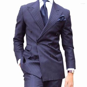 Erkekler takım 2 adet pinstripe erkekler çifte göğüslü düğün smokin ince fit resmi iş erkek arkadaşı erkek set ceket pantolonlu