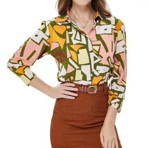 Blusas femininas 2024 elegante padrão de retalhos para mulheres outono manga longa botão para baixo camisas elegantes casuais soltos com decote em v topos femininos