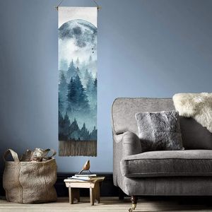 Abstract Landscape Moon Phase Tapestry Wall Hanging Mountain Sun Rain Long Tassel Tapestries for Living Room Office Wall Decor 240118