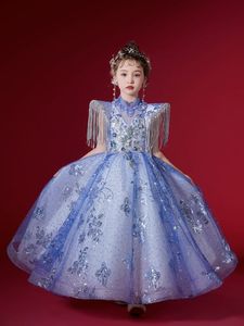 Nya paljetterade prinsessor Flower Girl Dresses For Wed Long Tassels Toddler Pageant -klänningar Tulle Sweep Train First Commonion Dress Little Girl Pageant Dress Birthday Gown