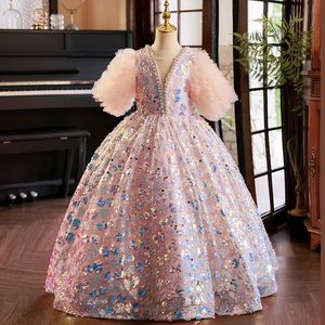 Różowe cekinowe sukienki z kwiatami Nowe 2024 Pierwsze sukienki Komunii Świętej dla dziewcząt suknia balowa sukienka weselna