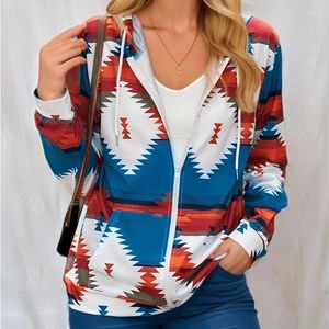女性のパーカー春/夏のファッション2024カジュアルな幾何学的印刷長袖ゆるい快適なフード付きポケットジッパーセーターカーディガン