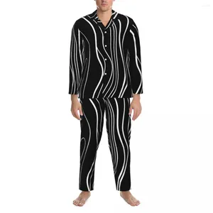 Erkek pijama pijamaları adam siyah beyaz İskandinav çizgileri gece soyut minimalist 2 adet gündelik pijama, romantik büyük boy ev takım elbise setleri