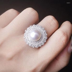 Klusterringar som säljer stora mängder 11-10mm autentiska naturliga South China Sea White Earrings Pearl Ring 925s