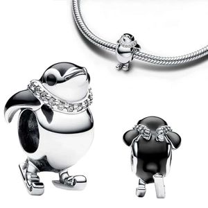 Sterling sier esqui pinguim charme grânulo caber pulseira original pingente contas para mulheres jóias finas presente fazendo