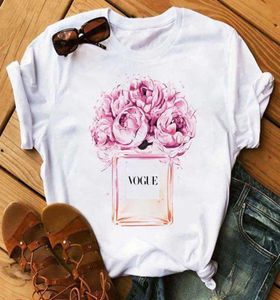 Kadın Giysileri Baskı Çiçek Parfüm Şişesi Tatlı Kısa Kollu Tshirt Baskılı Kadın Gömlek T Kadın Tshirt Top Sıradan Kadın Tee X0523840182