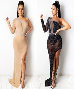 Femmes robes de soirée superbes cristaux strass une épaule manches longues robe de soirée fendue irrégulière Sexy sirène 7741718