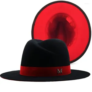 Berets Outer Black Inner Red Wool Felt Jazz Fedora Hats With Thin Belt Buckle Men Women Wide Brim Panama Trilby
