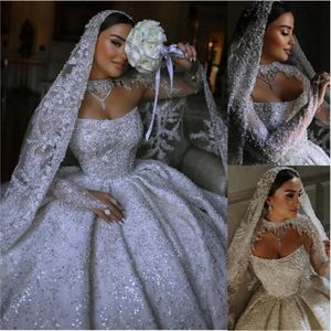 Stunningbride 2024 Luxury Ball Gown Wedding Dresses Sweetheart Neck Long Sleeve Bridal Gowns White A-Line Sequins Beading Bride Dress With Veil