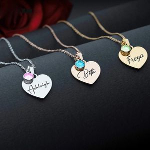 Necklaces 2024 Elegant 12 Birthstone Stainless Steel Heart Name Engraving Necklace Personalized Birthday Party Jewelry Gifts