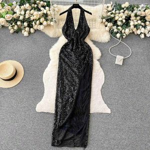 Casual Dresses Women Sexy Black Halter Deep V Sparkly Sequin Party Dress Elegant Lady Sleeveless Backless HIgh Split Tassels Evening Club