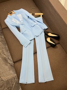 2024 Frühling Himmelblau Einfarbig Zweiteilige Hosen-Sets Langarm Blazer mit gekerbtem Revers und einem Knopf, Top + Schlaghose Hosen-Set Zweiteilige Anzüge O4J152225