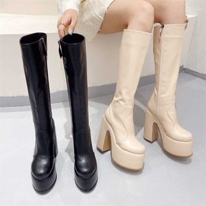 Boots Chunky Heels Platform Knee High Boots For Women Punk Style Autumn Winter Round Toe Zip Shoes Ladies Riding Boots 221123