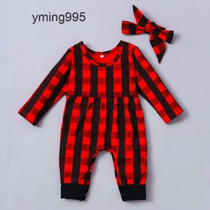 Barn baby jumpsuits rompers vår och höst jul röd rutig långärmad fjäril knut klättring kläder