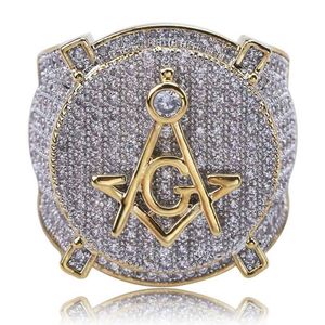 Hip Hop Masonic Ring All Iced Out High Quality Micro Pave CZ Rings Copper Gold Color Plated For Women Men285d