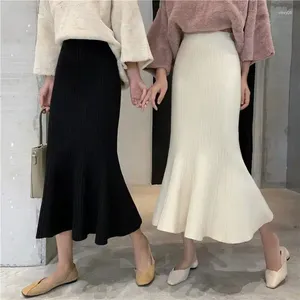 Kjolar 2024 stickad lång kjol för kvinnor mode koreansk höst vinter fotledslängd casual midi office lady elegant s r296