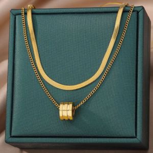 Vintage 2pcs Snake Chain Rotating Pendent 14k Yellow Gold Necklaces for Women Waterproof Punk Wear Jewelry Party Gift