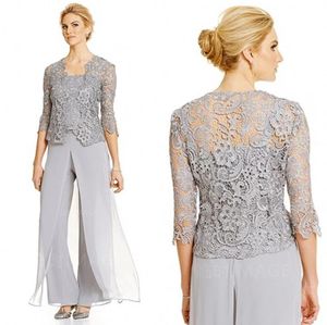 Elegant 2016 Silver Lace and Chiffon Spaghetti Mother of Bride Pant Suit med 34 långärmad jacka 3 stycken skräddarsydd EN909209019600