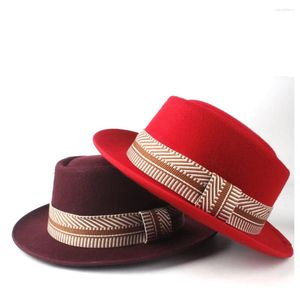 Berets 2024 Men Women Wool Pork Pie Hat With Ribbon Outdoor Casual Wild Flat Fedora Jazz Party Size 58CM