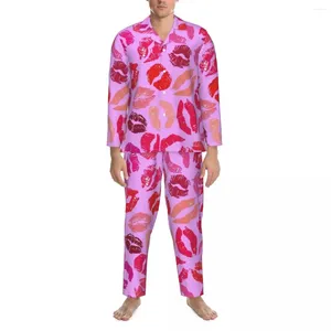 Men's Sleepwear A Burst Of Lips Autumn Lipstick Kisses Casual Oversize Pajama Set Man Long Sleeve Comfortable Bedroom Custom Nightwear