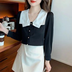 Women's Blouses 2024Women's Spring And Autumn Fashion Elegant Doll Neck Button Spliced Style Versatile Long Sleeve Slim Fit Chiffon Tops