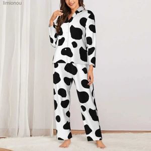 Women's Sleep Lounge Pyjamas Lady Cow Print Spots Daily Nightwear Black and White Animal Two Piece Vintage Pyjama Set Trendy Overdized Home Suitl240122