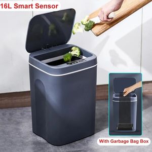 Smart Sensor Trash Can Automatic Noncontact DUSTBINS FÖR BAMBROKET Toalett Kök Vattentät papperskorg med lockavfallsfack 240119