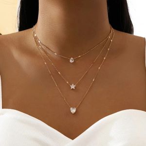 Charm Zirkon Herz Stern Layered Anhänger 14k Gelbgold Halskette für Frauen Kristall Strass Vintage Böhmischer schlichter Halsbandschmuck