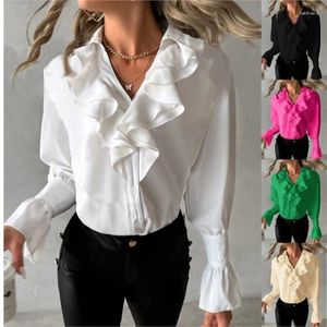 Kvinnors blusar Spring /Autumn Fashion Ruffle Edge Long Sleeve Blusas V-Neck Solid Shirt Elegant White Tops Casual Loose Blue 2024