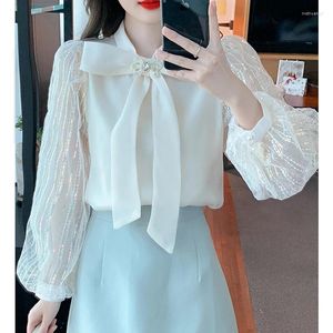 Blusas femininas 2024 outono manga longa camisa feminina elegante moda bowtknot escritório senhora topos lantejoulas chiffon blusa