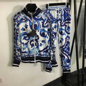 Fato de treino feminino designer de duas peças conjunto de roupas femininas azul impresso manga comprida gola jaqueta calças casuais 2 peça conjunto mulher primavera outono sweatsuit