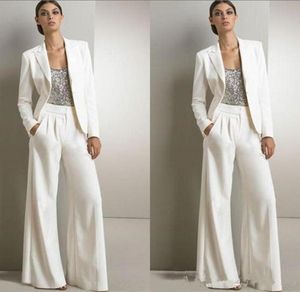 White Mother Of The Bride Groom Pant Suits For Silver Sequined Wedding Guest Dress Plus Size pantsuit Set With Jackets Lady Formal2638656