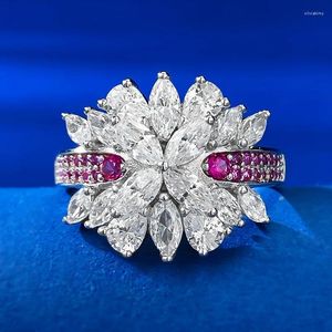 Anelli a grappolo Fascino Fiore Anello con rubino e diamante Fede nuziale in vero argento sterling 925 per le donne Gioielli di fidanzamento nuziale