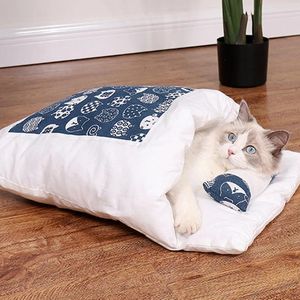 Cama de gato japonês inverno removível quente gato saco de dormir sono profundo cama de cão de estimação casa gatos ninho almofada com travesseiro