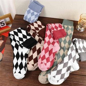 Women Socks Elastic Cute Plaid Student JK Cotton For Girl Rhombus Check Hosiery Stockings Knee High