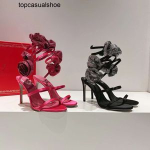 Rene Caovilla Najlepsze sandały na wysokim obcasie Kobiety wąż owinięty pasek kostki designer buty mody dhinstone kwiatowy buty ślubne pumpy z torbą na kurz