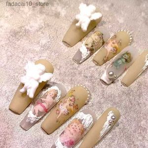 Falska naglar Barock Angel Design Handgjorda False Nails Press On Nail Long Coffin Fake Nail With Lim anpassad återanvändbar nagelsalong Tips Art Q240122