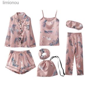 Pijamas femininos para dormir, 7 peças, pijamas rosa, conjuntos de pijamas, cetim, alça de seda, lingerie, homewear, conjunto de pijamas para mulheresL240122