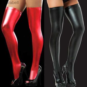 Socks Hosiery Women's Sexy Lingerie Latex Knee High Socks Black Silk Stockings Patent Leather Anti-skid Light Leather Gaotong Socks YQ240122