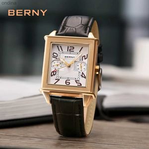 Andere BERNY Quarz für Männer Luxus Männlich Vintage BERNY 6P25 Tag Datum Leder 3ATM Wasserdicht Golden Tank Square YQ240122