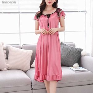 Women's Sleepwear Women Sleeping Dress O-Neck Lace-up Short Sleeve Summer Nightdress Satin Ruffle Hem Girls NightgownC24319